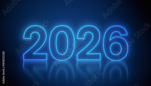 Illustration of abstract neon lights with the numbers 2026 in blue over dark background on a reflective floor - represents the new year - vacation concept.