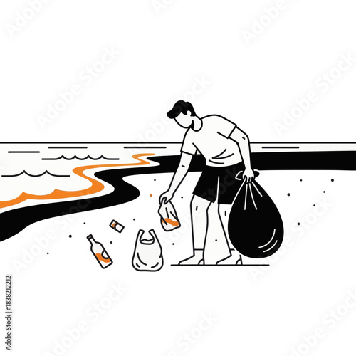A volunteer cleaning a polluted beach shore. Minimalist line art illustration of environmental conservation. Vector graphic for ocean protection and anti-plastic concepts