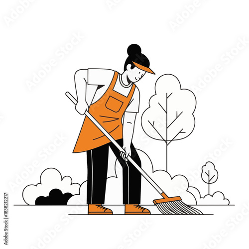 A volunteer cleaning a public park. Line art illustration of a woman sweeping outdoors. Community service and environmental cleanup vector graphic.