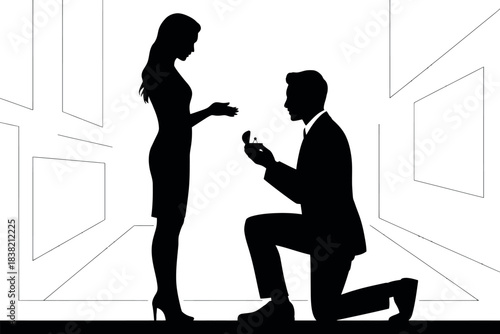 A man proposes to a woman on one knee with a ring in a stylized background.