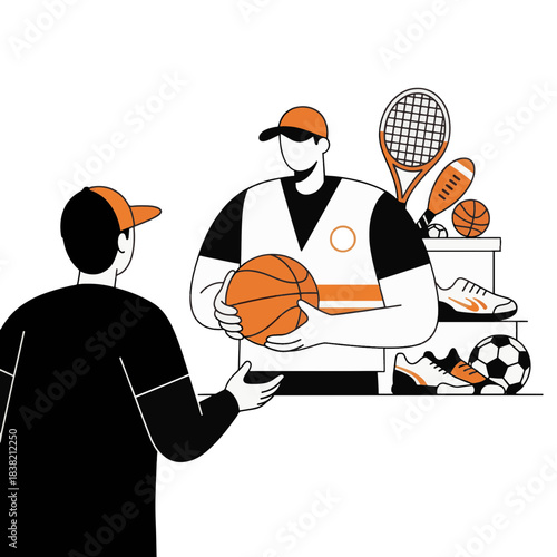 Man purchasing basketball from sports store clerk with equipment display  