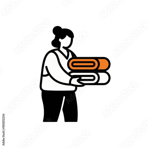 Icon of a volunteer holding a stack of clean towels. Flat vector illustration for charity and housekeeping concepts