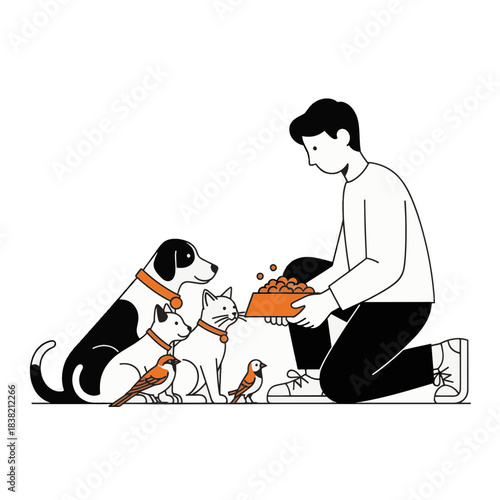 A volunteer feeding a group of homeless animals. Minimalist line art illustration of a man with a dog, cat, and birds. Pet care, charity, and adoption concept vector graphic