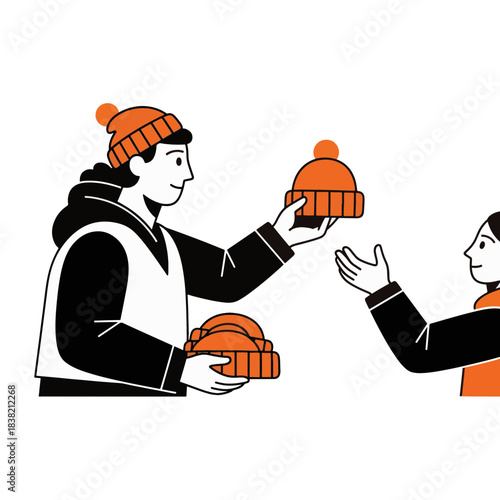 A volunteer distributing warm winter hats. Charity and community support concept. Minimalist flat vector illustration