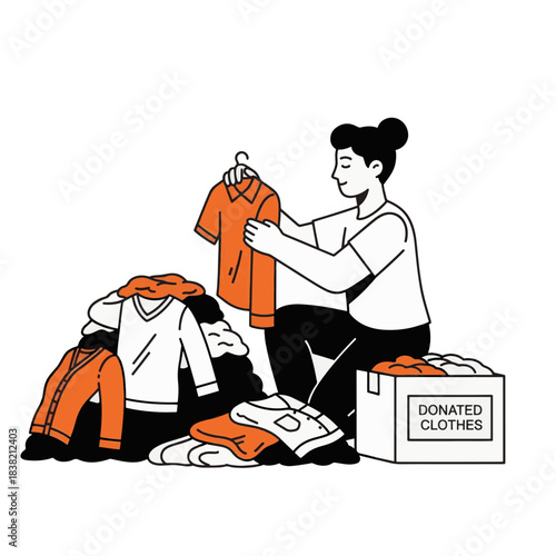 Volunteer sorting donated clothes for charity. A minimalist line art illustration of a woman organizing apparel. Vector graphic for community support and recycling concepts.