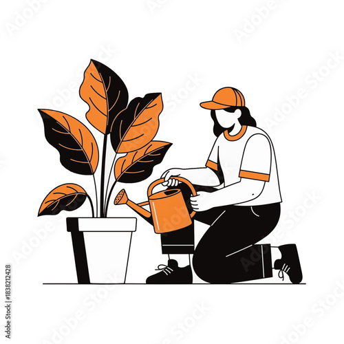 A person watering a potted houseplant. Gardening and plant care hobby concept. Minimalist flat vector illustration