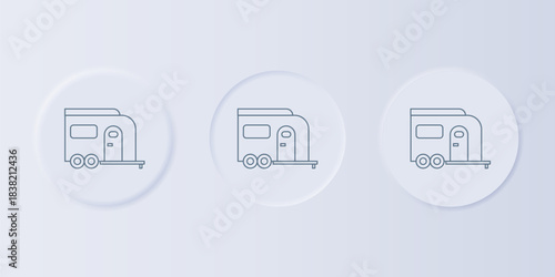 Grey Rv Camping trailer icon isolated on grey background. Travel mobile home, caravan, home camper for travel. Set icons in square buttons. Vector