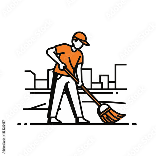 A line art icon of a person sweeping a city street. Urban cleaning and volunteer work concept. Minimalist flat vector illustration