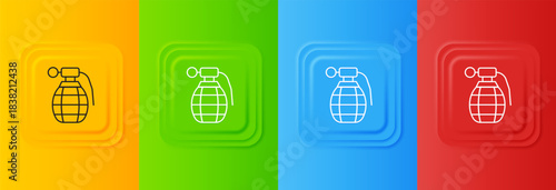 White Hand grenade icon isolated on colorful background. Bomb explosion. Set icons in square buttons. Vector