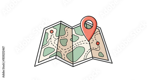 Simple cartoon illustration of a folded paper travel map with a red location pin marking a specific destination or point.