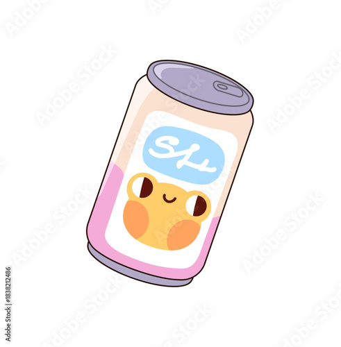 Icon of cute soda can. Closed metal bottle of sparkling water. Aluminum container of refreshing soft drink. Carbonated beverage in tin package. Flat isolated vector illustration on white background.