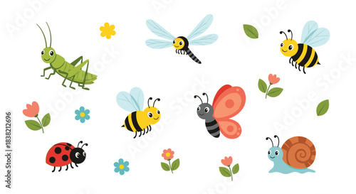 An adorable collection of cute cartoon insects including a bee butterfly snail and grasshopper with flowers and leaves.