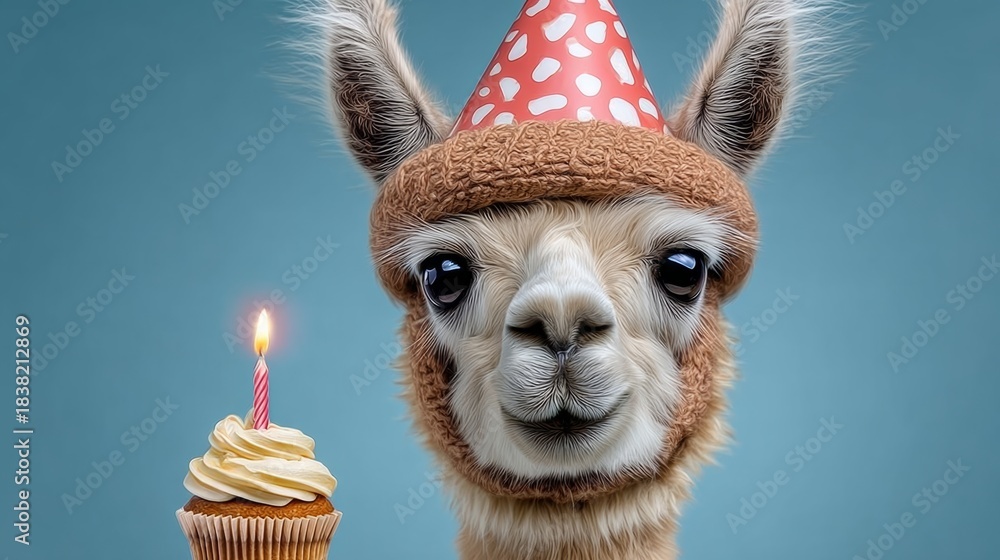 Fototapeta premium Adorable llama wearing a festive party hat, holding a delicious cupcake with a lit candle, celebrating a joyful birthday moment in a vibrant and cheerful atmosphere