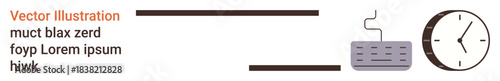 Time management, workflow optimization, productivity, efficiency, scheduling, communication. Clock and keyboard with connecting lines. Time management and workflow optimization simply