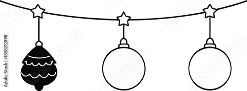 Hanging Christmas balls line art and silhouette vector illustration