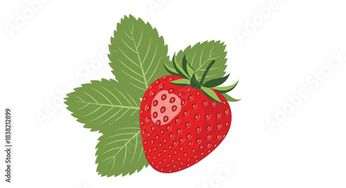 A single juicy red strawberry with a cluster of green leaves behind it illustrated in a detailed textured vector style.
