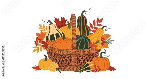 A rustic wicker basket filled with a bountiful autumn harvest of pumpkins gourds and colorful fall leaves for Thanksgiving.