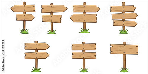 Collection of eight cartoon wooden directional signposts with grass on white background wooden sign arrow sign