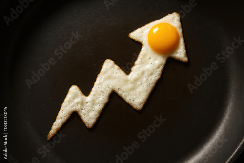 Inflation price cost economy a conceptual fried egg formed into a jagged upward arrow with bright yolk to portray rising grocery expense and public concern