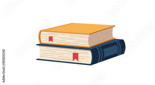 A simple illustration of two hardcover books stacked on top of each other with red bookmarks isolated on a white background.