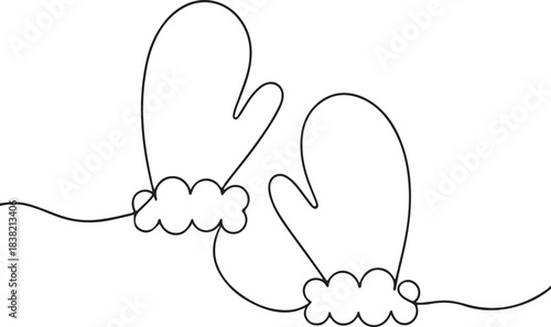  Winter mittens one line drawing, Santa Christmas mittens continuous one line art vector illustration