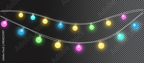 Realistic colorful glowing string lights on transparent background