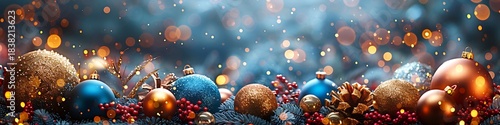 Panoramic winter festive background with bokeh lights and Christmas ornaments