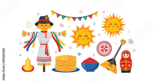 A vibrant collection of traditional Russian Maslenitsa symbols including pancakes a scarecrow the sun and a matrioshka doll.