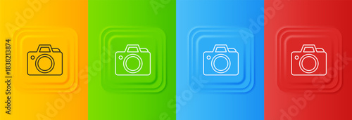 White Photo camera icon isolated on colorful background. Foto camera icon. Set icons in square buttons. Vector