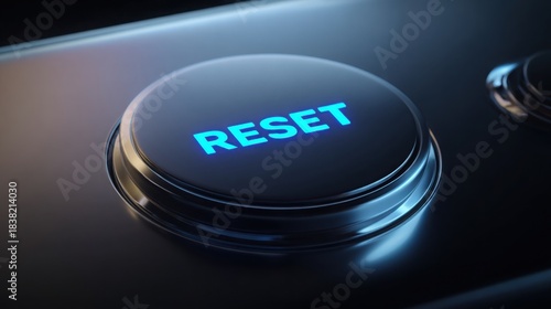 Close up of a sleek silver device with a glowing RESET button illuminated in cool neon blue, dark to light gradient background, sharp reflections