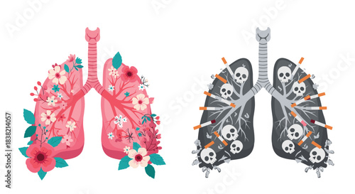 A powerful visual comparison between healthy lungs blooming with flowers and smoker's lungs filled with cigarettes and skulls.