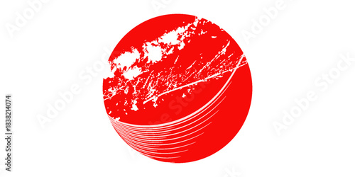 Japanese flag symbol of rising sun. Red circle in lines and grunge style on white background.Eps10