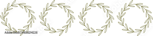 Minimal olive branch wreath illustration set with elegant botanical leaf circle frames for natural decorative design