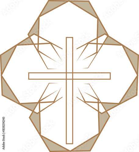 Faith emblem combining a cross with elegant geometric framing logo design