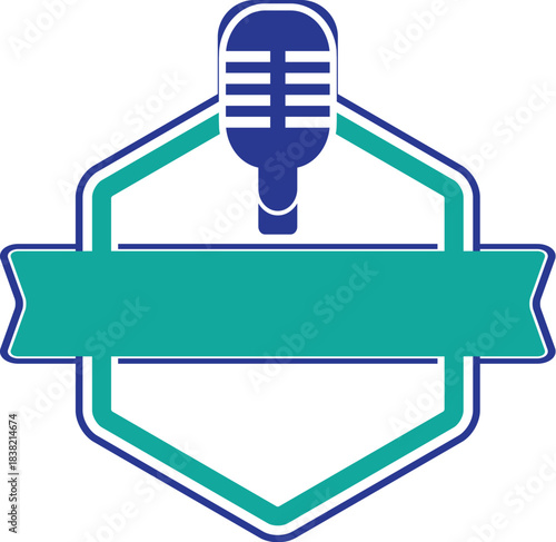 Podcast microphone emblem framed with a bold badge design