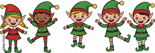 Five Diverse Cartoon Christmas Elves in Red and Green Outfits with Pointed Hats and Shoes Keywords: elf, elves, christmas