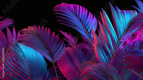 Vibrant palm leaves illuminated with neon lights create a captivating visual. The leaves are in shades of pink, purple, and blue, adding to the allure of the piece