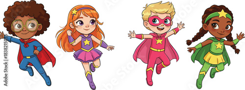 Four Diverse Cartoon Children Dressed as Superheroes Flying on White kids illustration