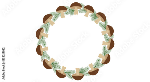 A simple and rustic circular wreath made of brown mushrooms and green fir tree branches isolated on a white background.