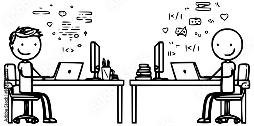 Two programmers at computers working at adjacent desks