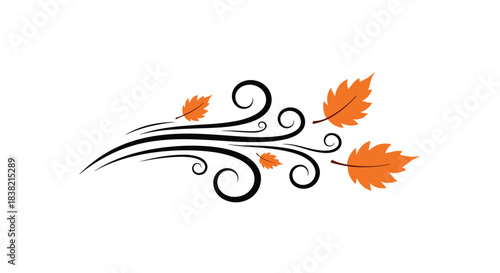 An elegant vector icon of a gust of wind represented by black swirls blowing several orange autumn leaves to the right.
