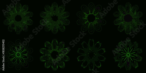 Intricate green floral patterns arranged in a grid on a black background