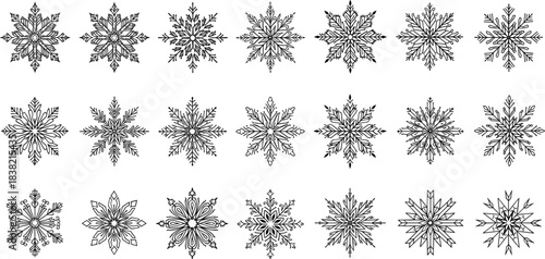 Hand drawn snowflake outline set with detailed winter crystal shapes isolated for holiday and seasonal design