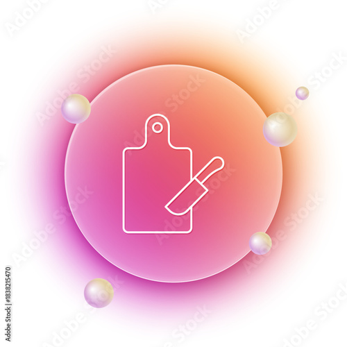 White Cutting board and knife icon isolated on white background. Chopping Board symbol. Cutlery symbol. Orange and pink gradient circle background. Vector