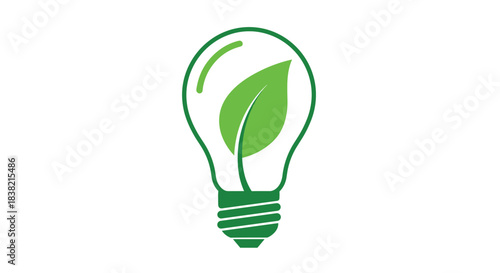 An eco-friendly concept icon of a lightbulb with a vibrant green leaf inside representing renewable energy and sustainability.