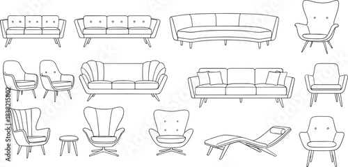 Minimal furniture outline icon set with sofa armchair lounge chair and seating interior design elements
