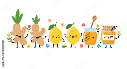 A cheerful group of cute cartoon characters including ginger root lemons and a jar of honey holding flowers and waving.