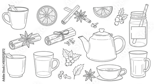 A hand-drawn set of winter drinks and spices including mulled wine tea cinnamon and anise in a black line art style.