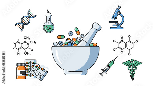 Pharmacy, Medicine and Medical Science Line Vector Illustration Icon Set