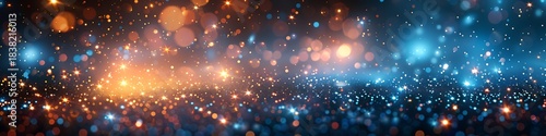 Panoramic view of glowing orange and blue bokeh lights, abstract background with sparkling particles